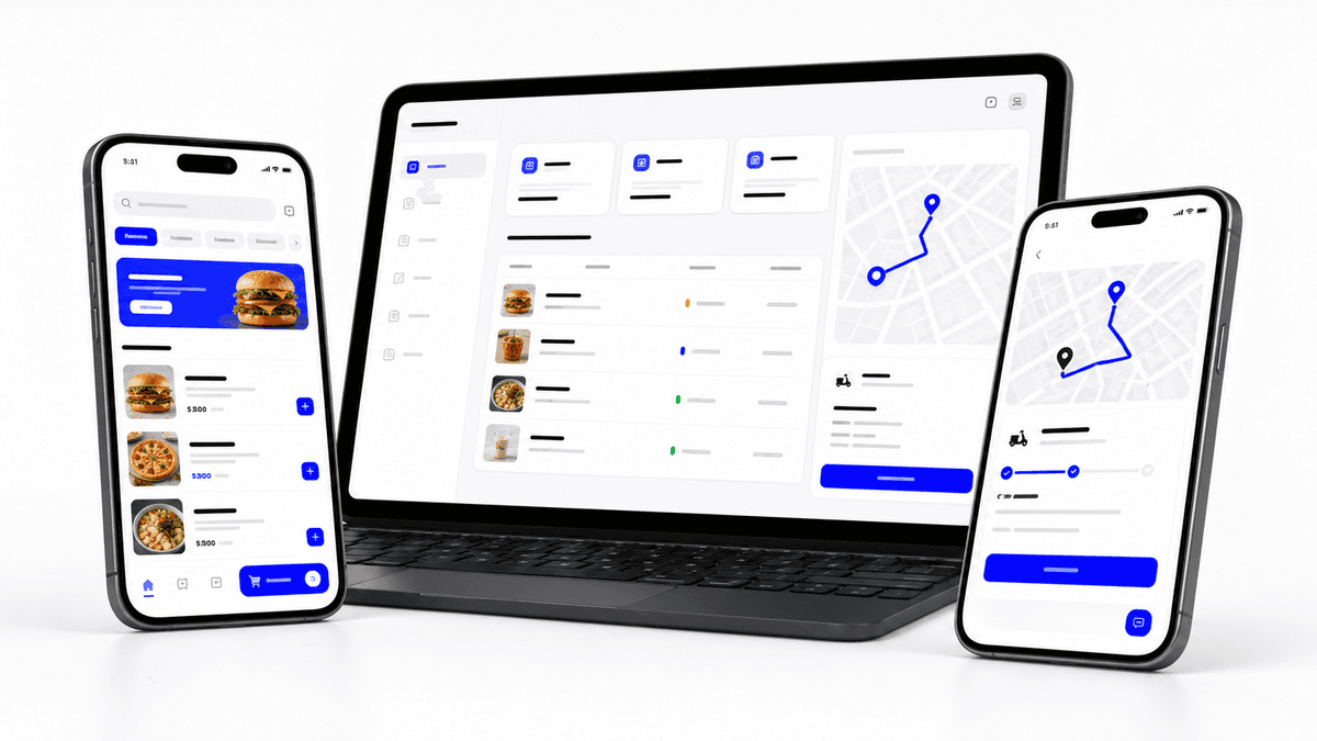 Mockups de las apps de cliente, negocio y repartidor de OrdenO